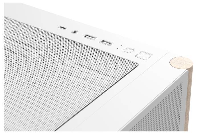 Obrázok zobrazuje pohľad zhora z blízka na elegantný biely počítačový kryt s perforovanými mriežkovými panelmi a portmi pre USB, audio a tlačidlo napájania.