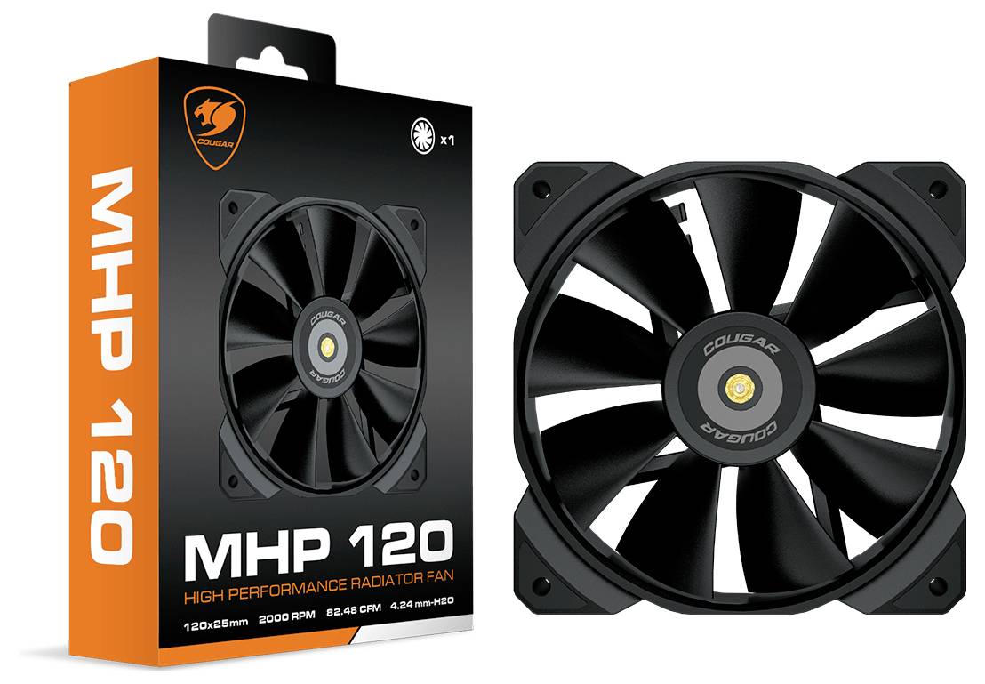 Čierny vysoko výkonný ventilátor chladiča značky COUGAR, model MHP 120, zobrazený vedľa obalu, ktorý ukazuje technické detaily.