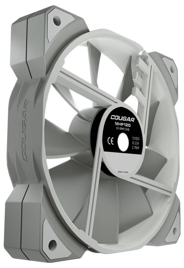Sivý počítačový ventilátor značky Cougar s čiernym stredom a tromi rotačnými lopatkami. Model MHP120 je dobre viditeľný.