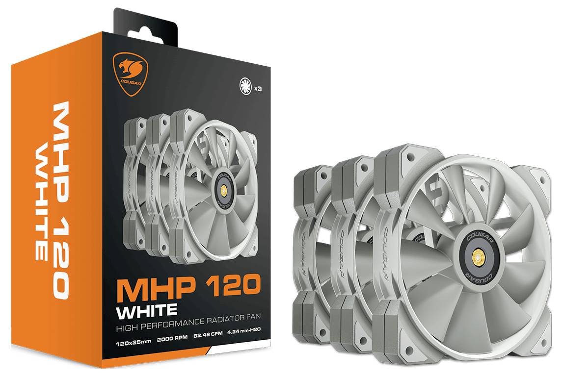 Tri biele ventilátory značky Cougar pred ich oranžovým obalom, na ktorom je napísané 'MHP 120 WHITE'. Ventilátory pre vysoko výkonné chladenie.
