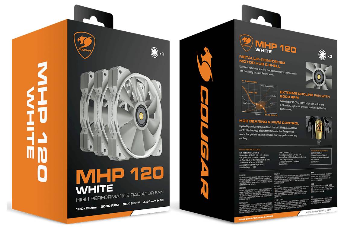 Kartónový obal bieleho výkonného radiátorového ventilátora 'MHP 120 White'. Zobrazuje obrázok produktu spolu s informáciami o výkone a funkciách.