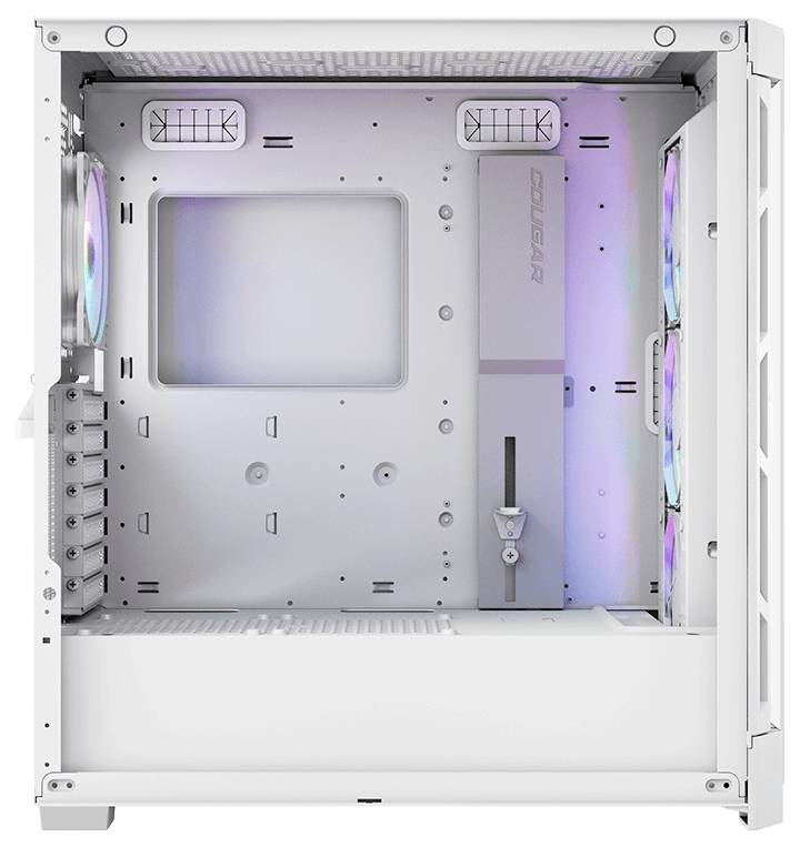 Prázdny, biely počítačový kryt s viditelnými ventilátormi a veľkým vnútorným priestorom pre komponenty. Je viditeľné jemné RGB podsvietenie.