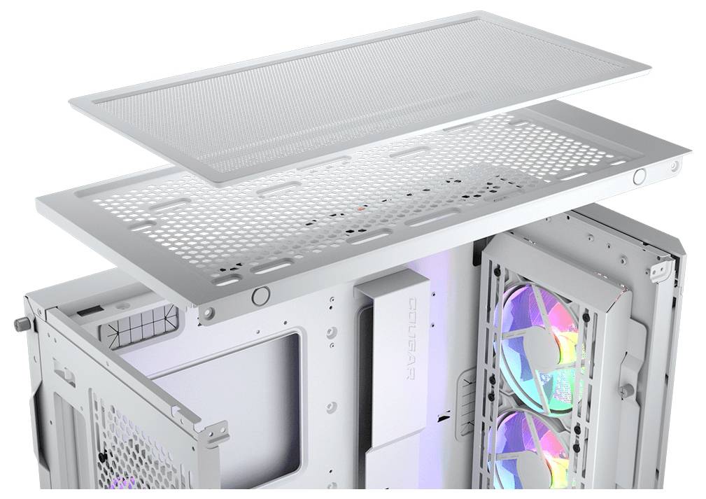 Biele PC skrinky so sňatým krytom odhaľujú ventilátory s RGB podsvietením a priehľadný mriežkový kryt na vrchu.