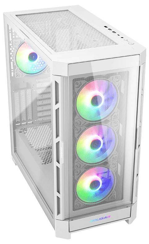 Biele PC púzdro s priehľadnými stenami, štyrmi RGB ventilátormi a mriežkovaným povrchom pre optimálne chladenie a osvetlenie.