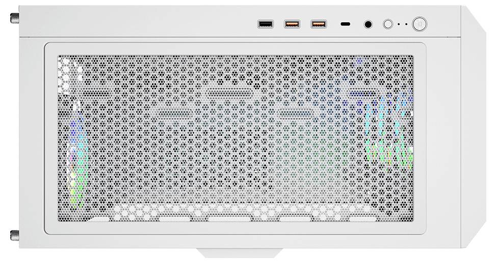 Biela horná strana počítačovej skrine s perforovaným mriežkovým vzorom, dvoma USB portami, audio vstupom a vypínačom v pravom hornom rohu.