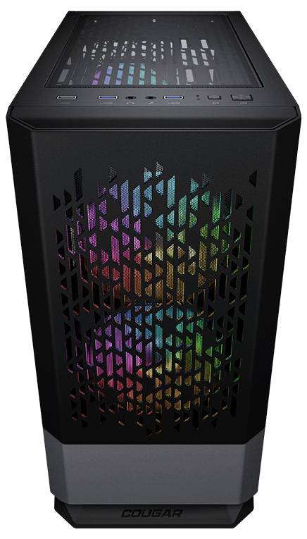 Čierna počítačová skrinka s RGB podsvietením na prednej strane. Hore sú viditeľné konektory a ventilačné mriežky.