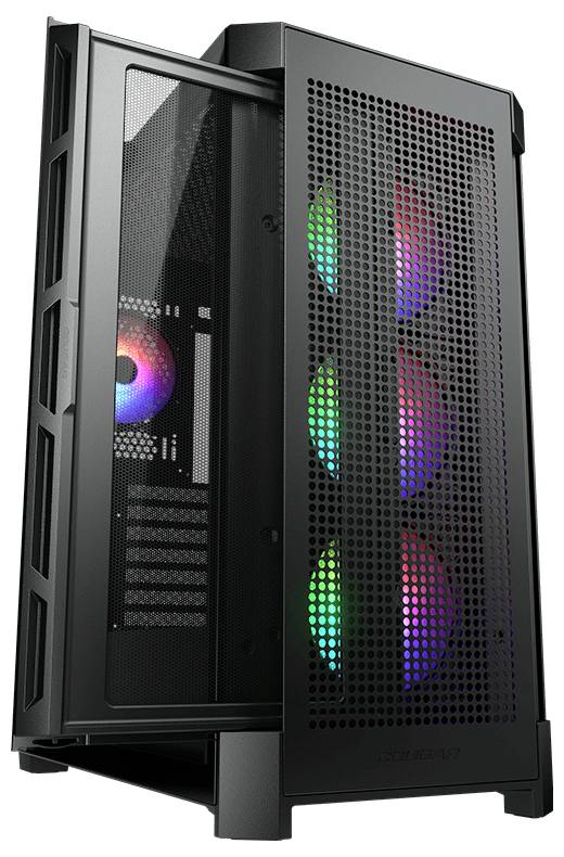 RGB osvetlená počítačová skrinka so skleneným panelom a svietiacimi ventilátormi, otvorená do strany, odhaľuje vnútorné komponenty a chladiaci systém.