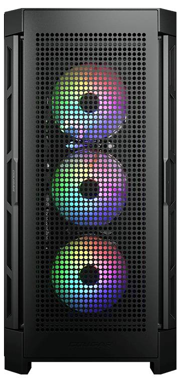 Čierna počítačová skrinka s tromi viditelnými RGB ventilátormi na prednej strane, ktoré svietia v rôznych farbách.