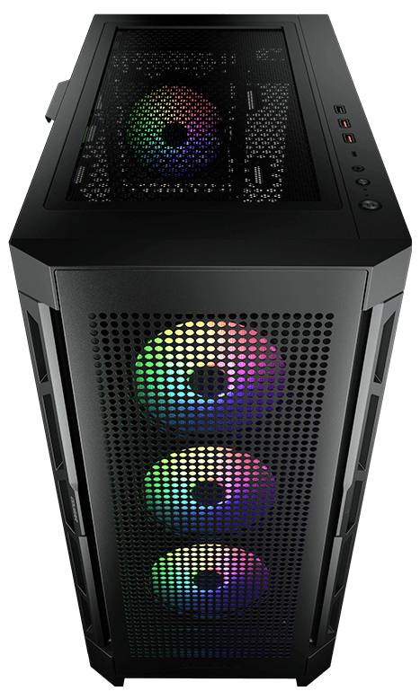 Čierna počítačová skrinka s tromi svietiacimi farebnými ventilátormi vpredu a ďalším ventilátorom hore, všetky s RGB podsvietením.