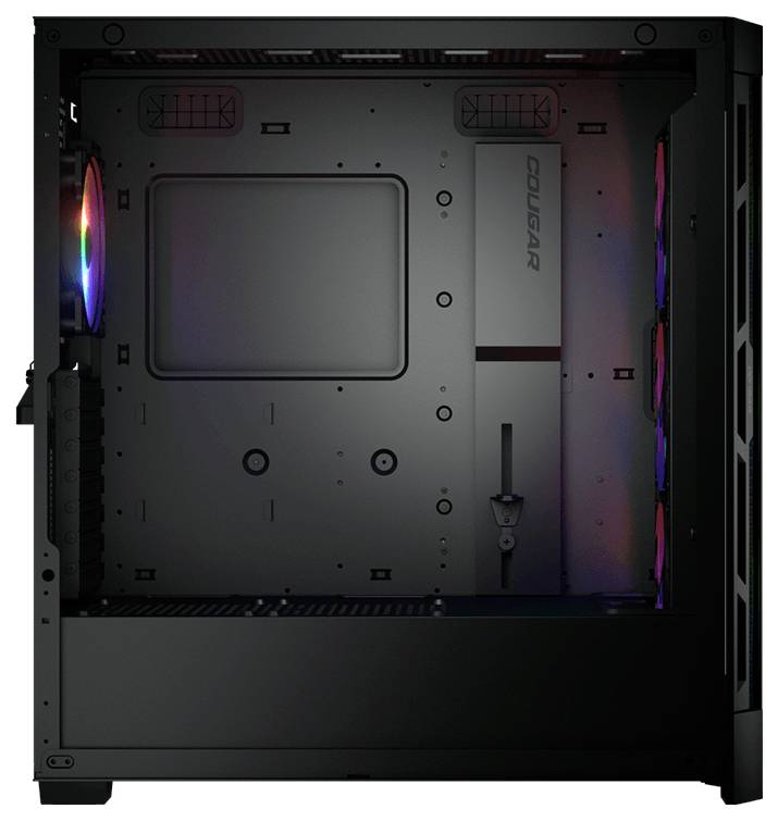 Čierna počítačová skríň bez komponentov, zobrazuje LED podsvietené ventilátory na boku, vhodná pre individuálne zostavenie PC.