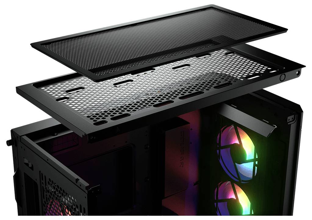 Otvorený kryt počítačovej skrine so sňatou mriežkou a viditeľnými RGB ventilátormi na boku.
