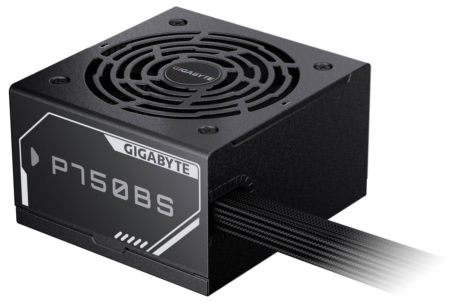 Čierna počítačová napájacia jednotka 'GIGABYTE P750B' s ventilátorom a káblami, vhodná pre výkon počítača a stabilitu systému.