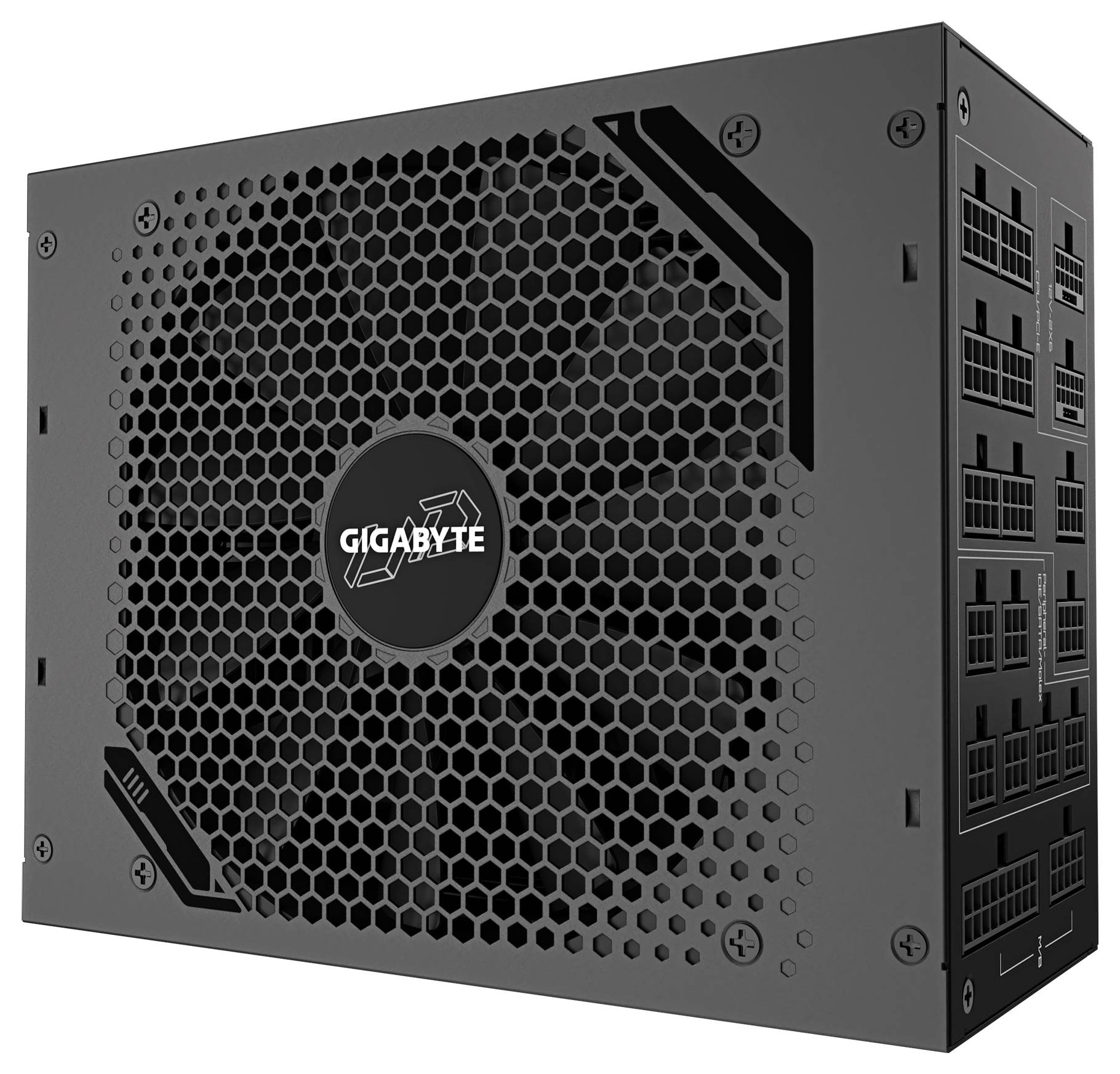 Čierna počítačová napájacia jednotka od Gigabyte s hexagonálnym vzorom na kryte ventilátora a viacerými konektormi na bočnej strane.