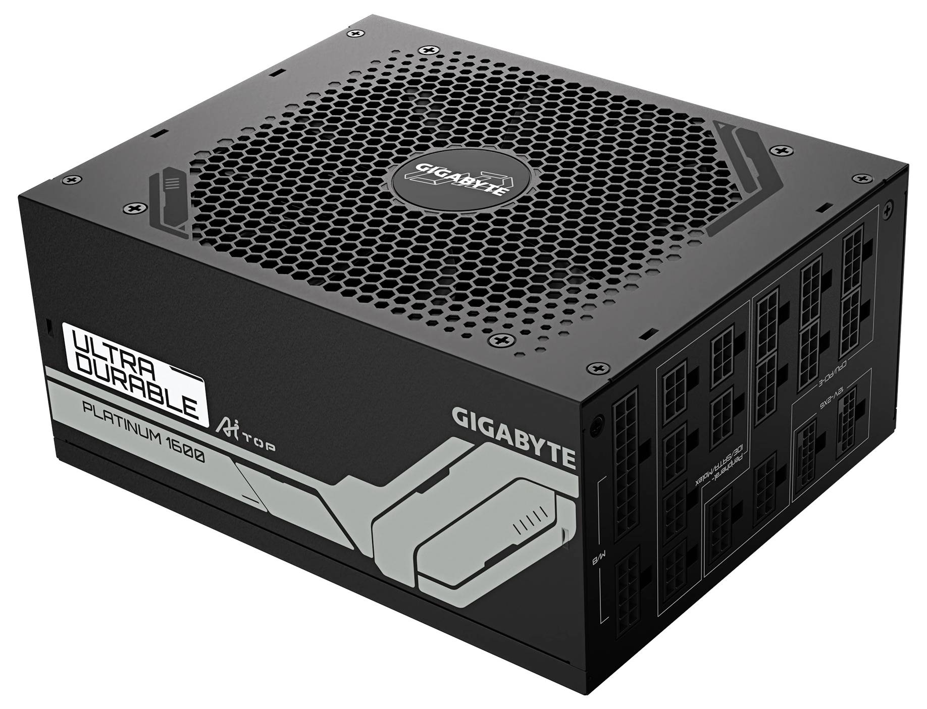 Obrázok znázorňuje sieťový zdroj Gigabyte série Ultra Durable s výkonom 1600 wattov, modulárnou konštrukciou a vetraním na hornej strane.