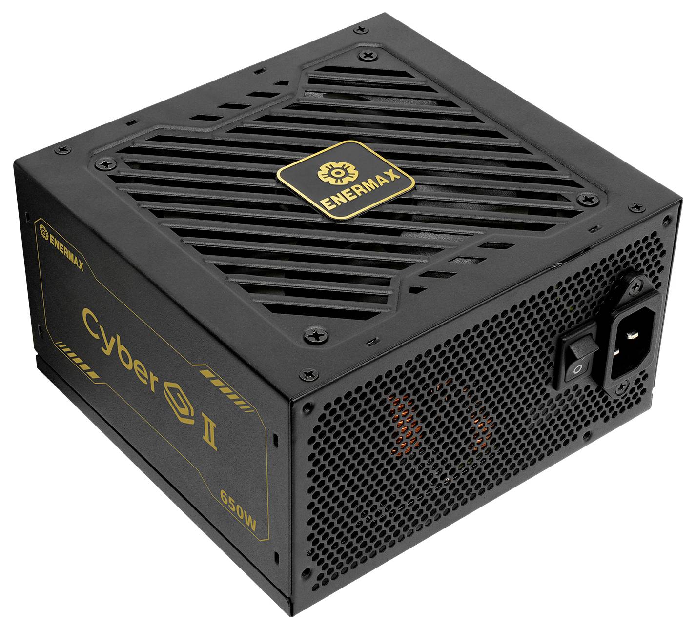 Čierny sieťový zdroj Enermax Cyber II s výkonom 650W, s vetracou hornou stranou a vypínačom, určený pre počítačové systémy.
