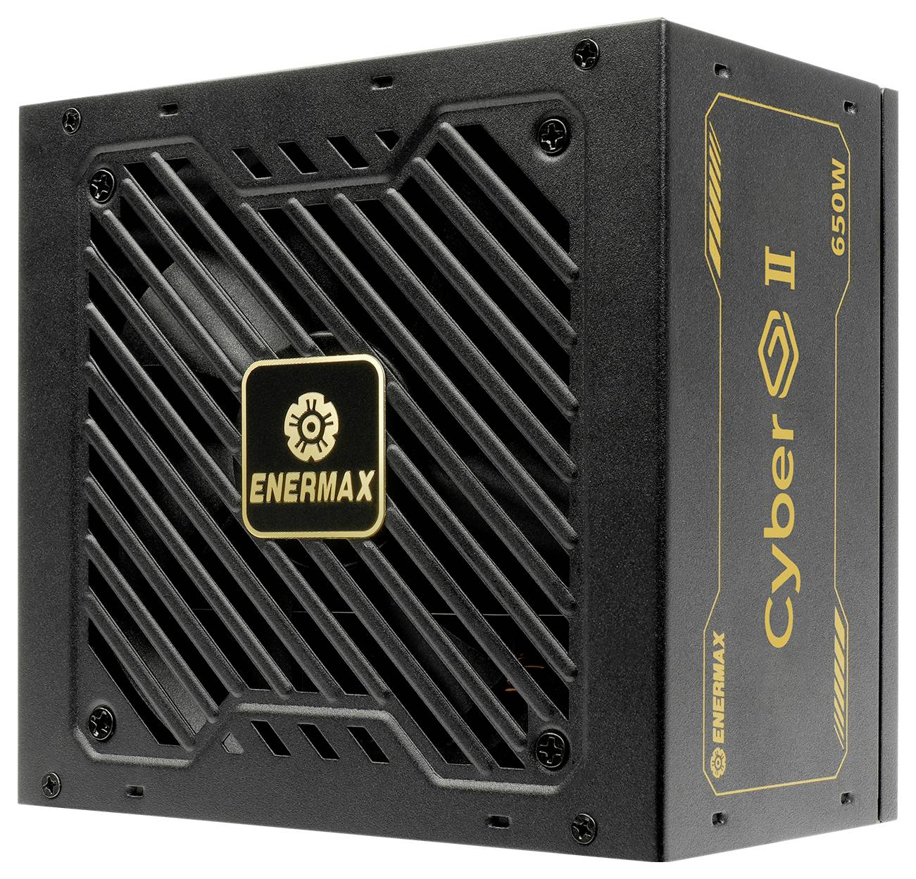 Čierna napájacia jednotka Enermax Cyber II 650W s chladiacim ventilátorom a zlatým logom, určená pre stolové počítače.