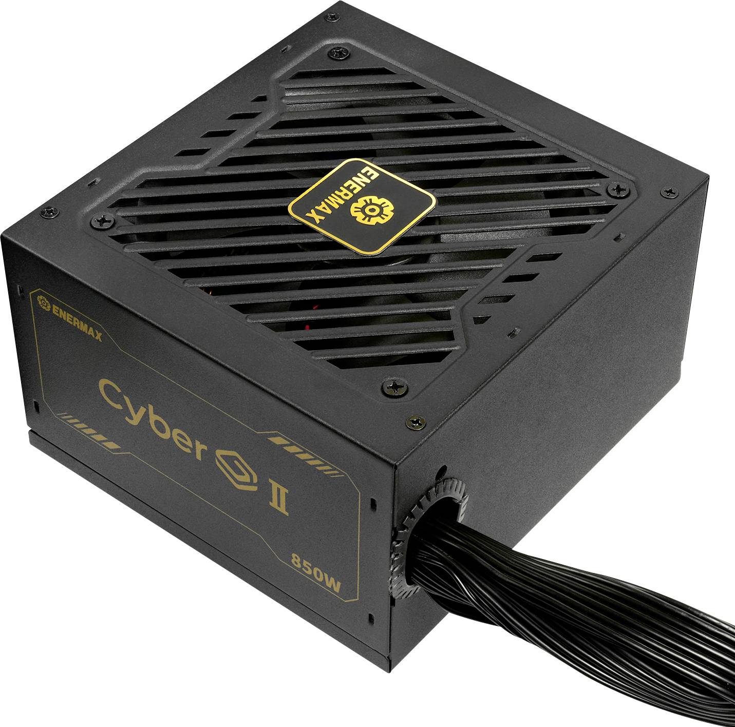 Počítačový zdroj označený ako 'Enermax Cyber II 850W' s čiernym vetracím vrchnákom a zväzkom káblov vyčnievajúcich z boku.