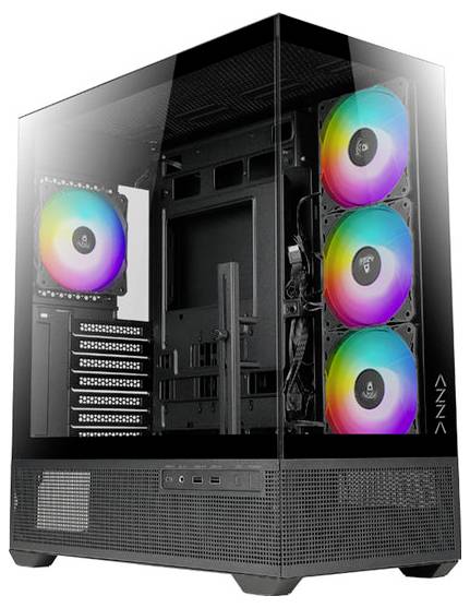 Počítačová skrinka so stredným stolným počítačom, ktorá má priehľadný bočný panel, na ktorom sú viditeľné štyri svietiace RGB ventilátory.