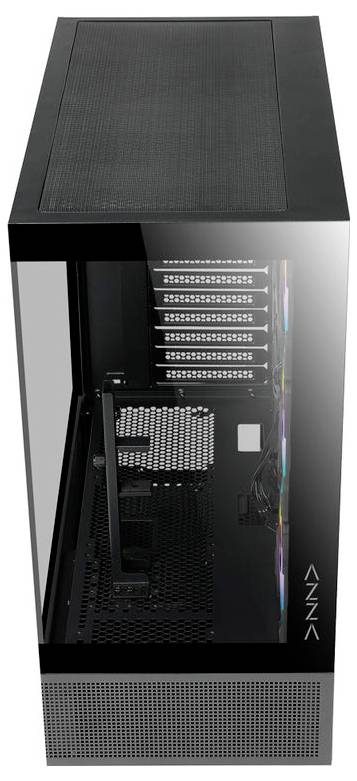 PC skrinka s priesvitným bočným panelom ukazuje vnútorný priestor. Má niekoľko otvorov pre ventilátory a RGB pásy. Značka 'AZZA'.