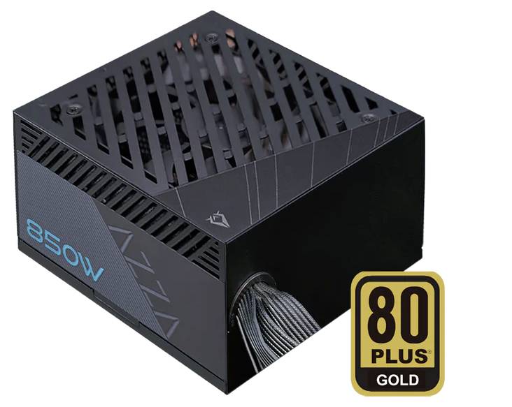 850W napájací zdroj, čierny s vetracími štrbinami, disponuje certifikačnou nálepkou 80 PLUS Gold efektivity.