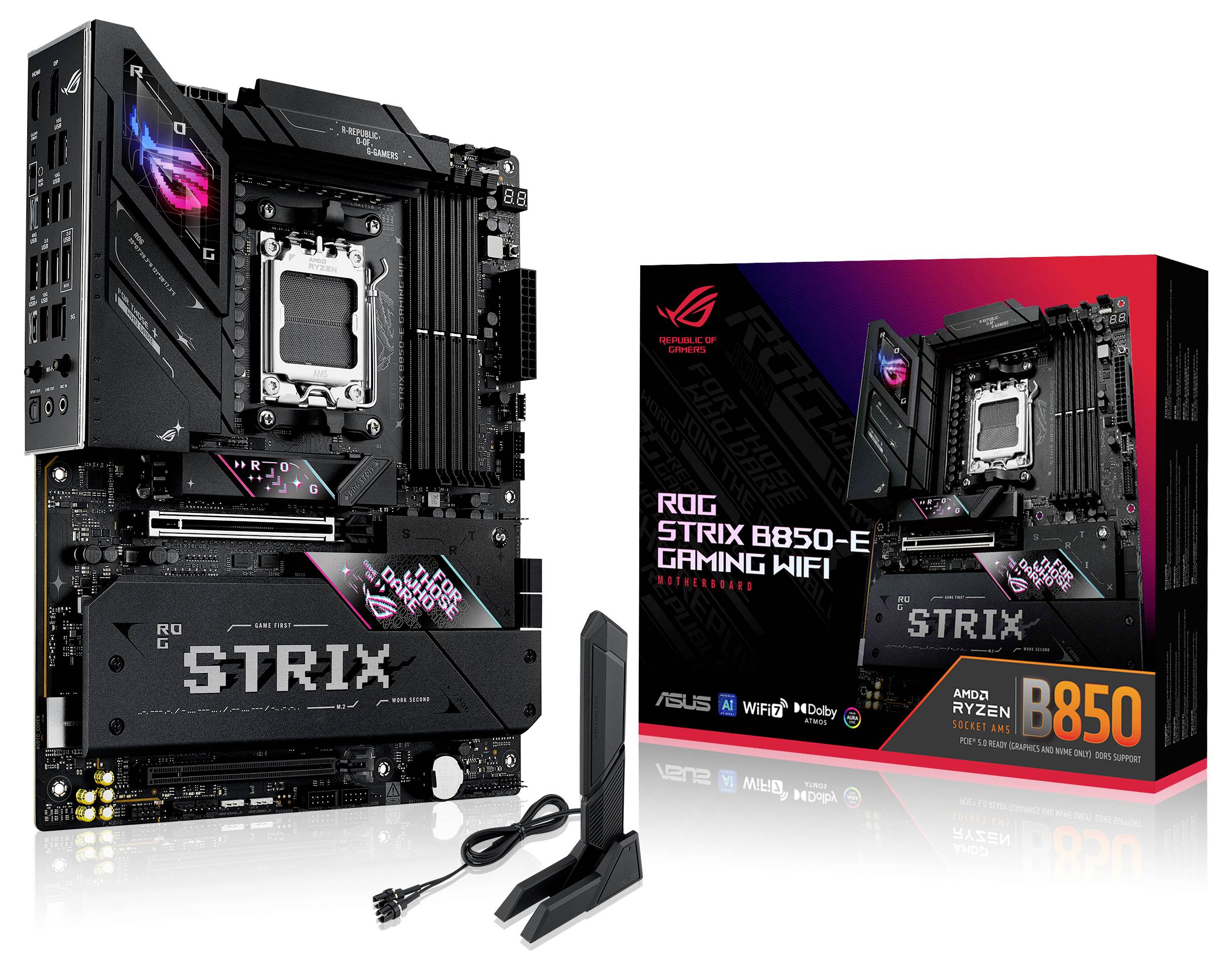 Základná doska Asus ROG Strix B850-E Gaming s obalom, zobrazujúca dizajn a podporované funkcie ako WiFi a kompatibilné procesory.