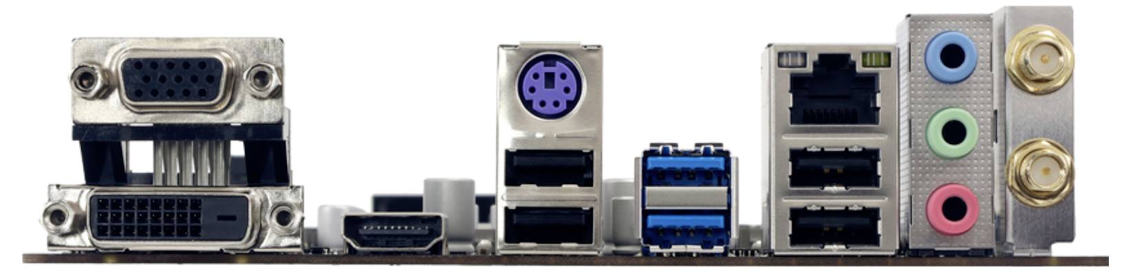 Niekoľko počítačových portov na základnej doske vrátane VGA, DVI, HDMI, USB, PS/2, Ethernet a audio konektorov.