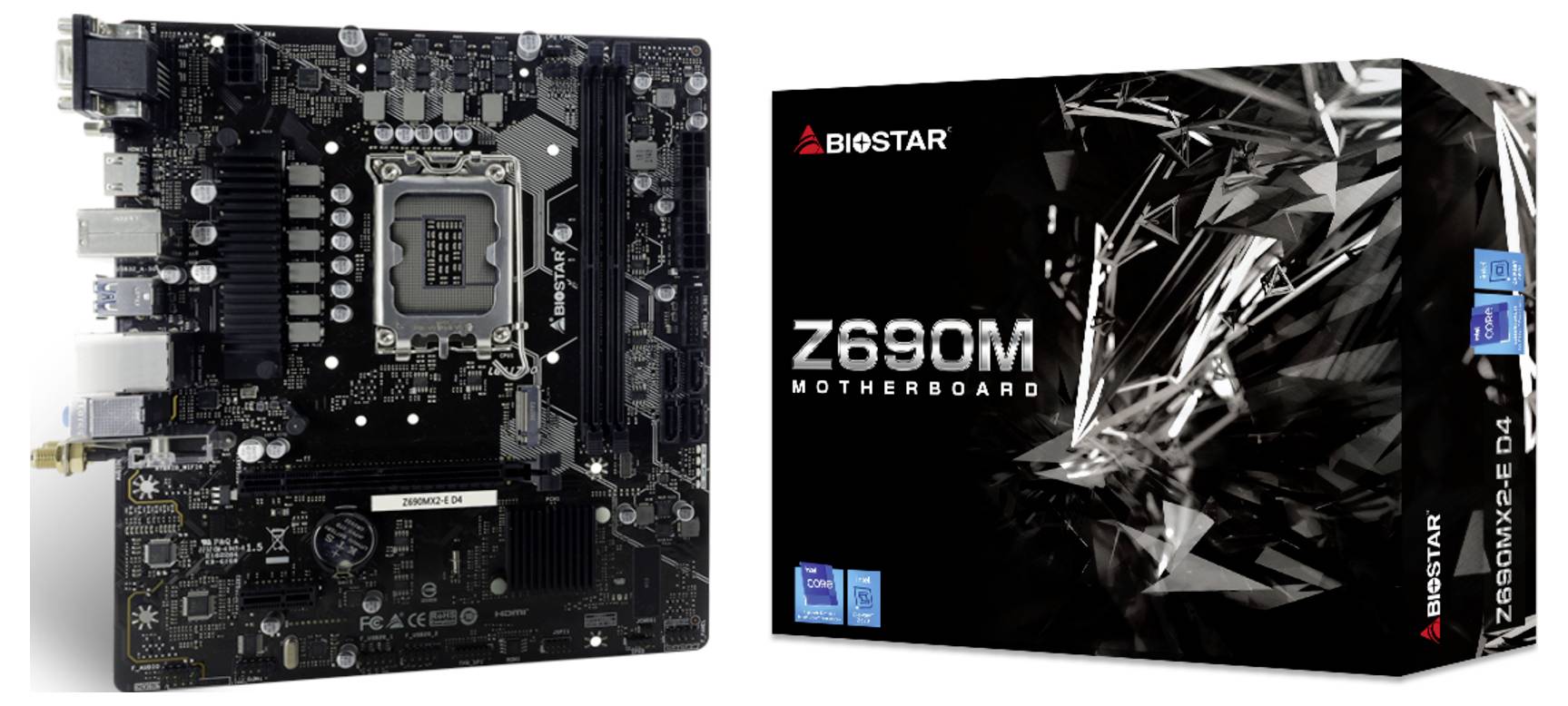 Základná doska 'BIOSTAR Z690M' vedľa obalu, ktorý zobrazuje rovnaký model, so strieborným a čiernym dizajnovým prvkom.