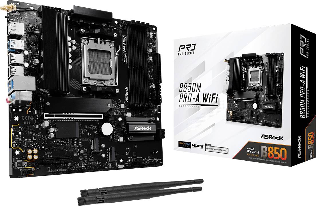 Základná doska ASRock B650M Pro-A WiFi pred jej obalom, zobrazuje slot pre procesor, pamäťové sloty a antény.