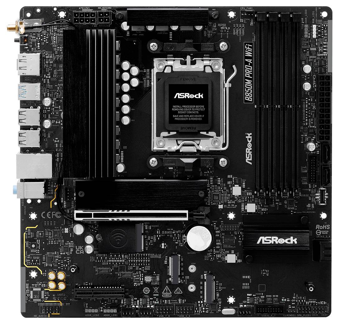 Základná doska ASRock s rôznymi portami, slotmi a komponentmi určenými na inštaláciu do počítača.