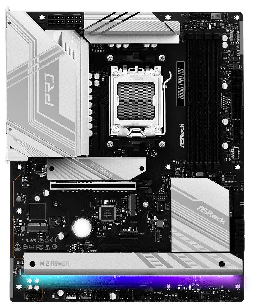 Základná doska s päticou pre CPU, slotmi na RAM a rozšírenými chladičmi. RGB podsvietenie na spodnom okraji poskytuje vizuálnu atmosféru.