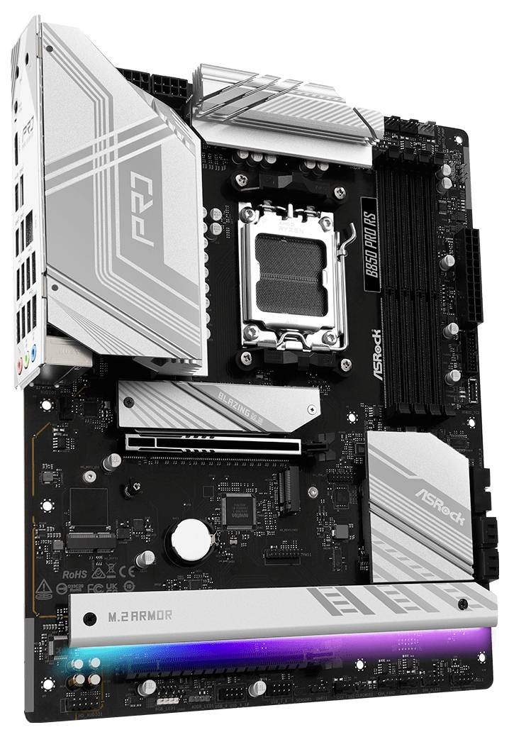 Základná doska ASRock s futuristickým dizajnom, striebornými chladičmi a RGB podsvietením, vhodná pre zostavy PC.