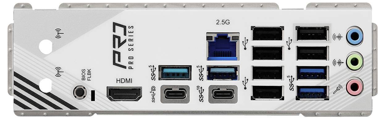 Zadná strana počítačovej základnej dosky s portami: 2.5G LAN, HDMI, USB porty, audio vstupy. Nad ňou je napísané 'PRO PRO SERIES'.