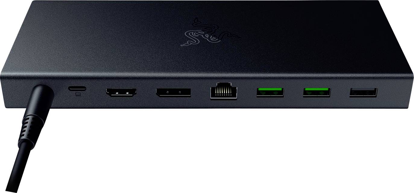 Čierna dokovacia stanica s viacerými portami: dva USB-A, dva USB-C, HDMI, ethernetový a napájací port, pohľad spredu.