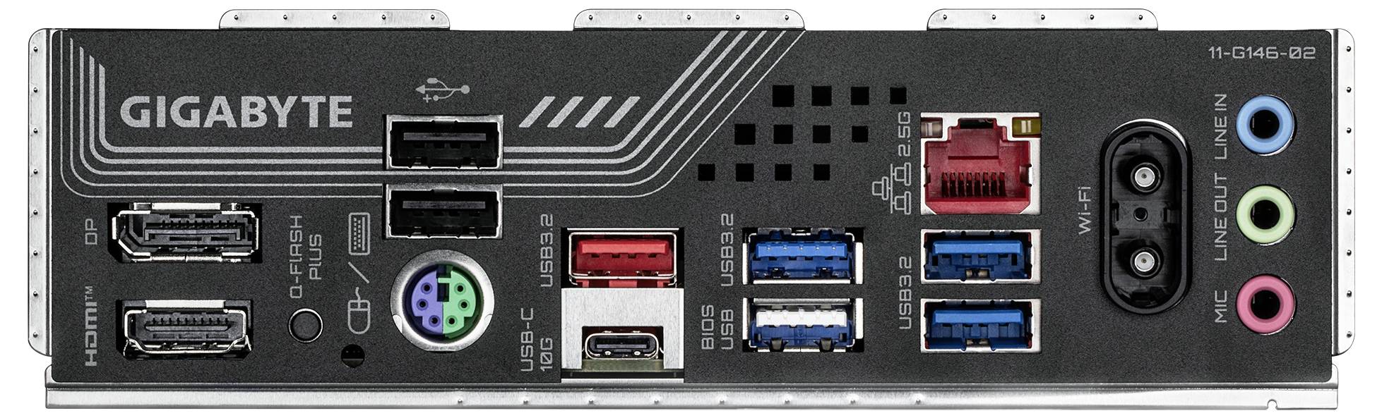 Zadná strana základnej dosky od Gigabyte s rôznymi konektormi: HDMI, USB-C, USB 3.0, ethernetový port a audio konektory.