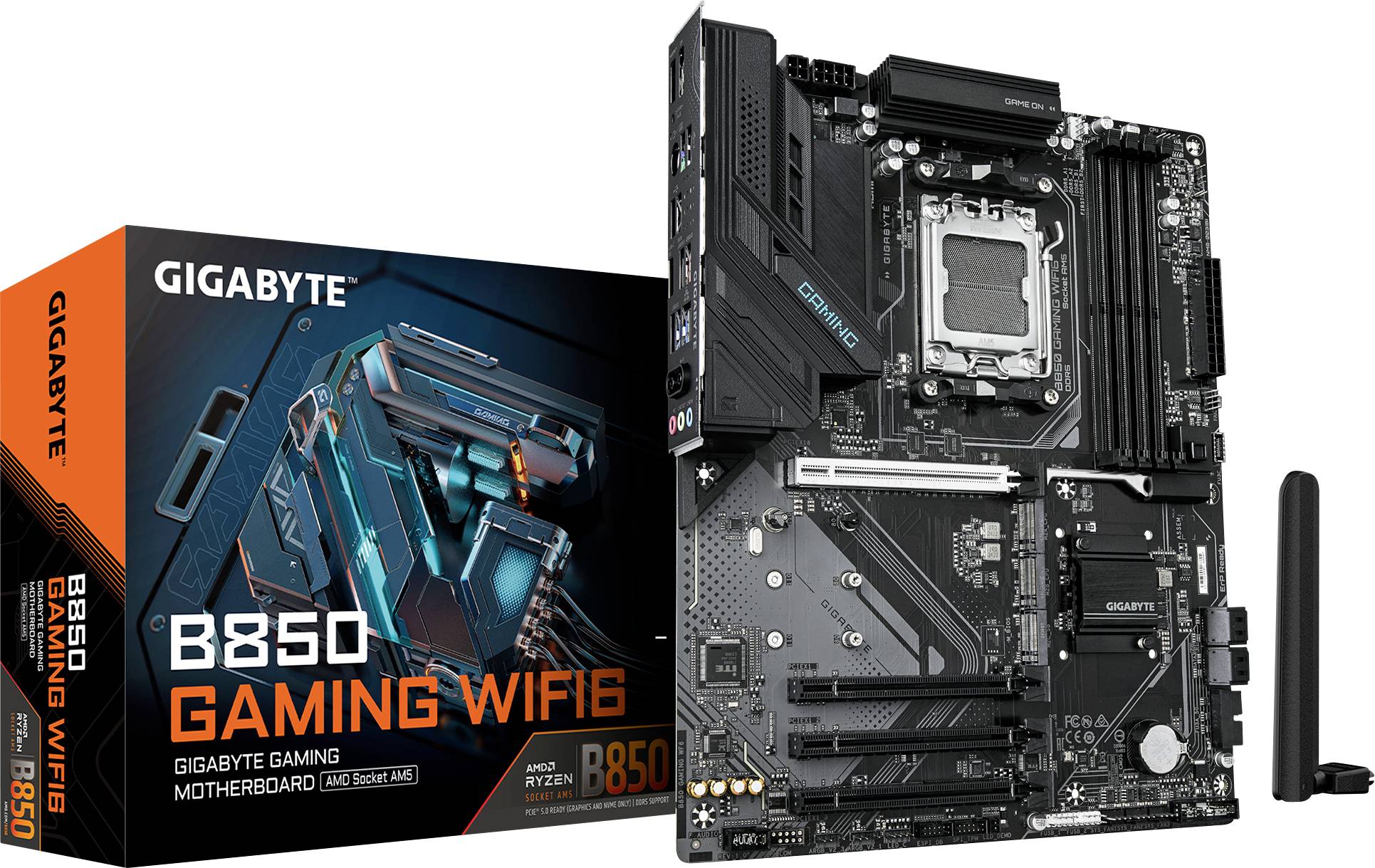 Základná doska Gigabyte B850 Gaming WiFi6 vedľa originálneho obalu, zobrazujúca konektory a sloty pre počítačové komponenty.