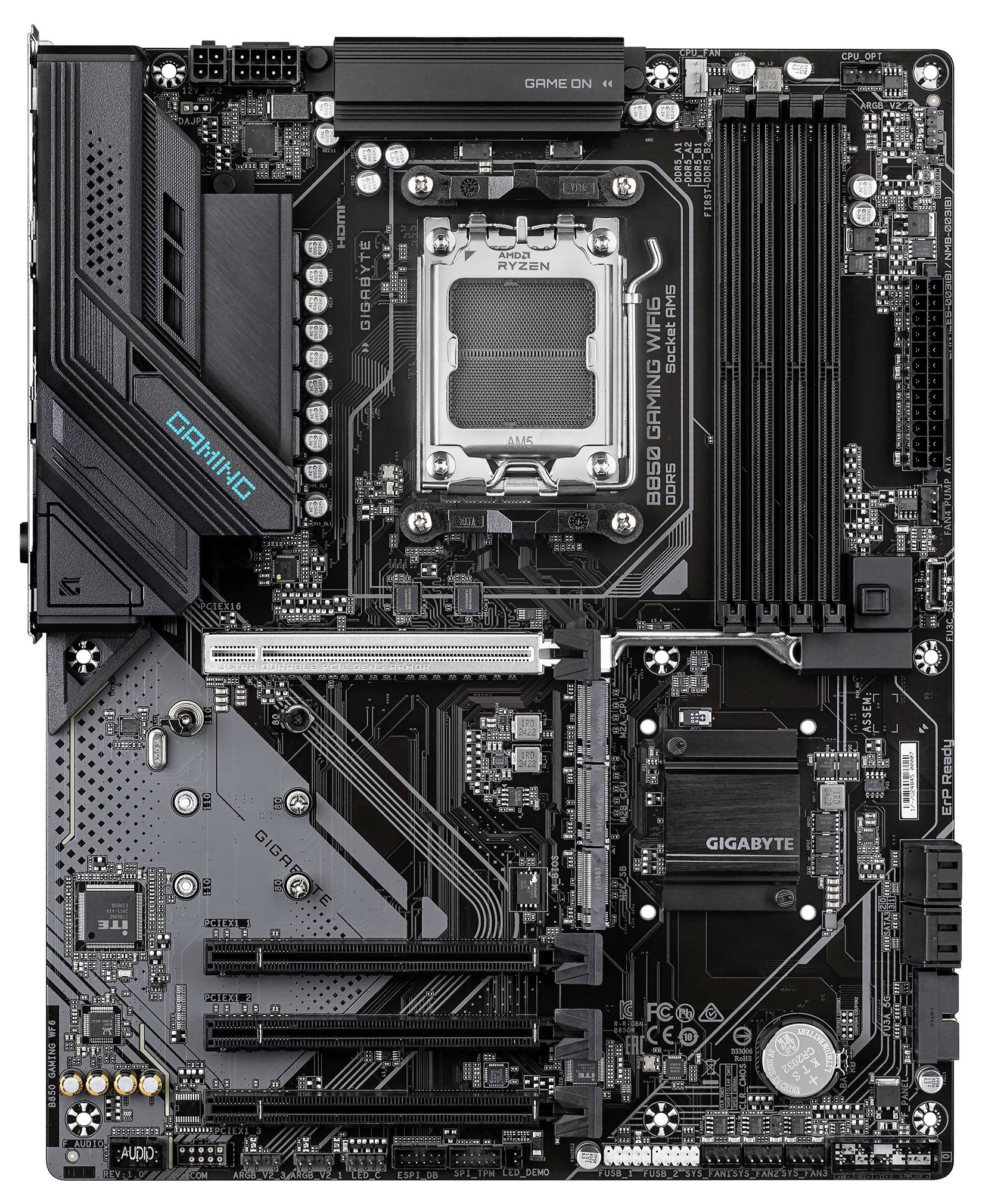 Základná doska GIGABYTE B550 GAMING X V2 s päticou AM4, PCIe slotmi a RAM slotmi, vhodná pre procesory AMD Ryzen.