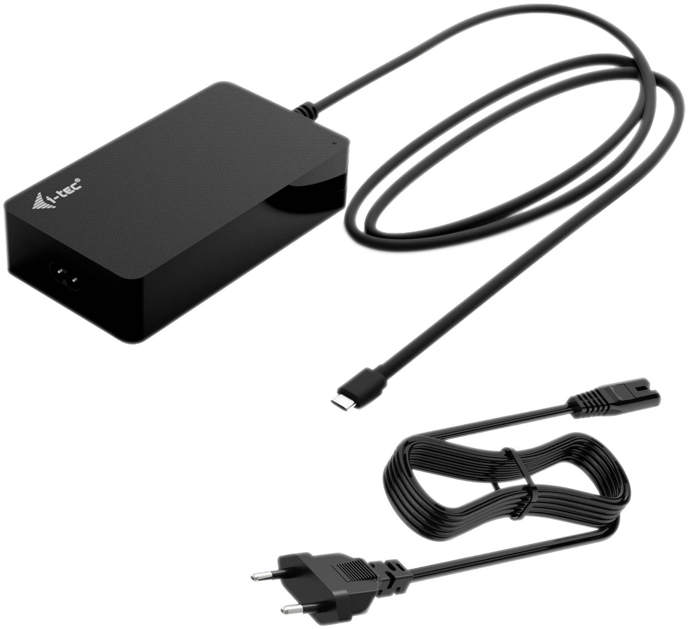 Čierna sieťová nabíjačka s dvoma káblami; jeden s USB-C konektorom, druhý s európskou zástrčkou. Logo značky na kryte.