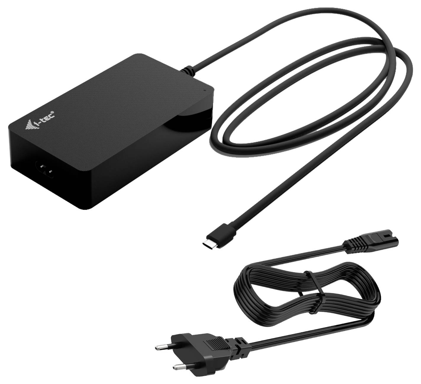 Externý napájací adaptér s USB-C výstupom a sieťovým káblom. Vhodný na napájanie zariadení. Čierny, obdĺžnikový dizajn.