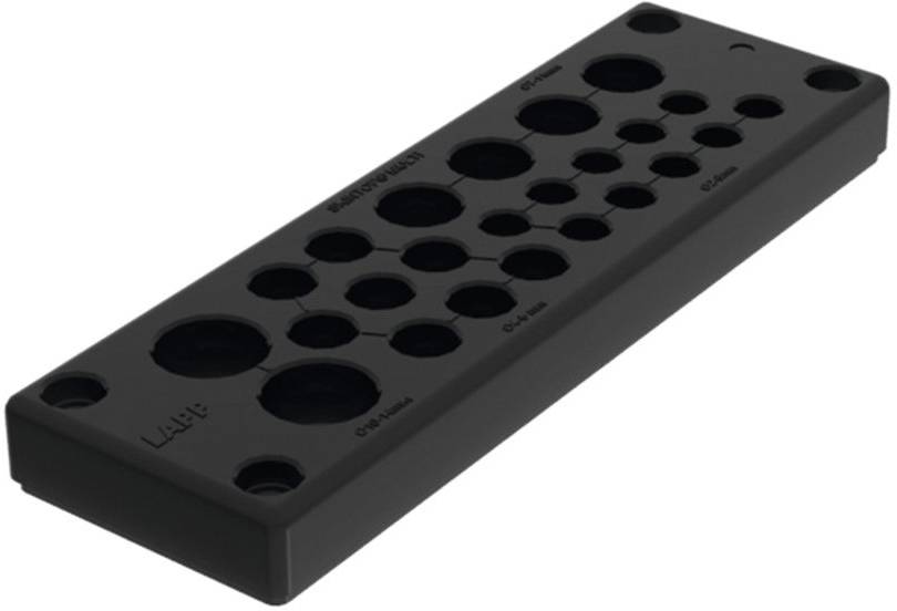 Čierna plastová doska s rôzne veľkými otvormi, ktorá slúži na vedenie káblov v elektronických aplikáciách.