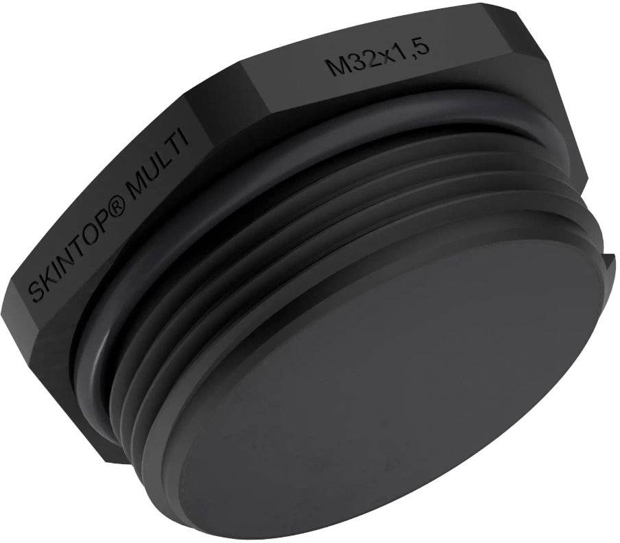 Čierny uzatvárací zátka s nápisom 'SKINTOP® MULTI M32x1.5' slúži na uzavretie a tesnenie káblových priechodiek.