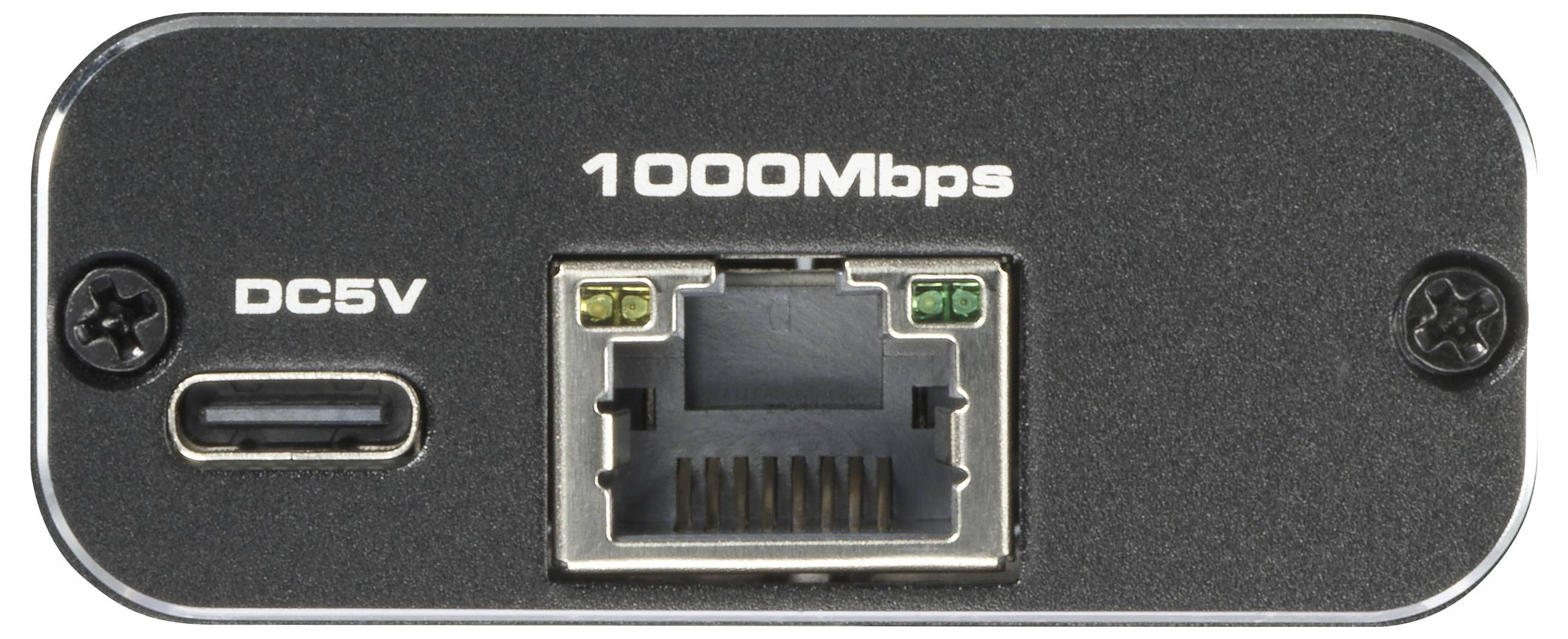 Čierna zadná strana sieťového adaptéra s ethernetovým portom označeným '1000 Mbps' a vstupom USB-C pre DC 5V.
