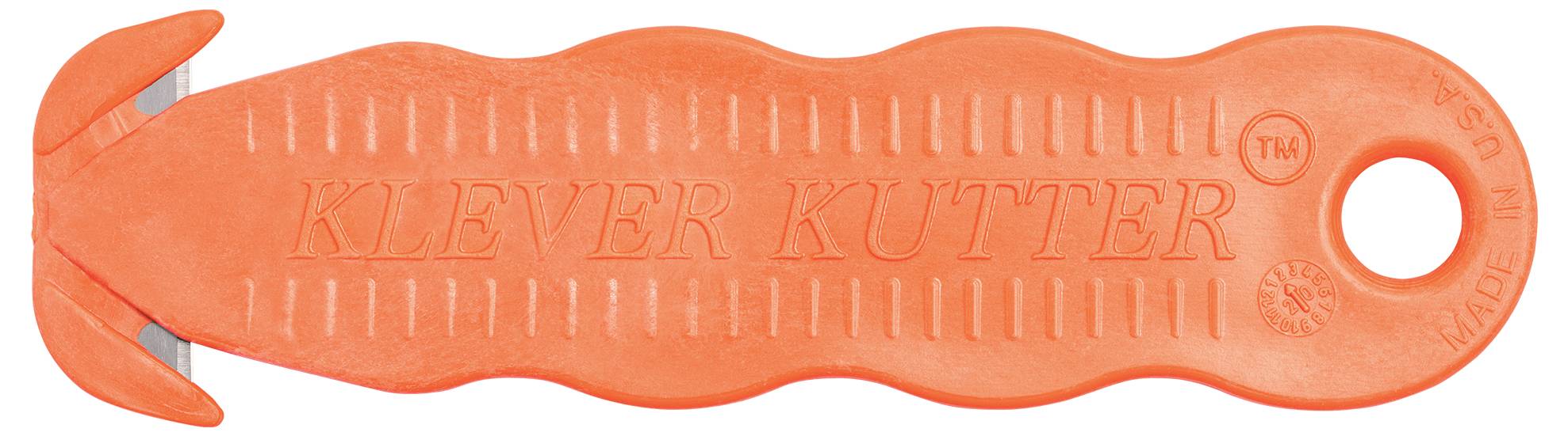 Oranžový bezpečnostný nôž s zakrivením čepeľou a ergonomickým držadlom, na ktorom je napísané 'KLEVER KUTTER'.
