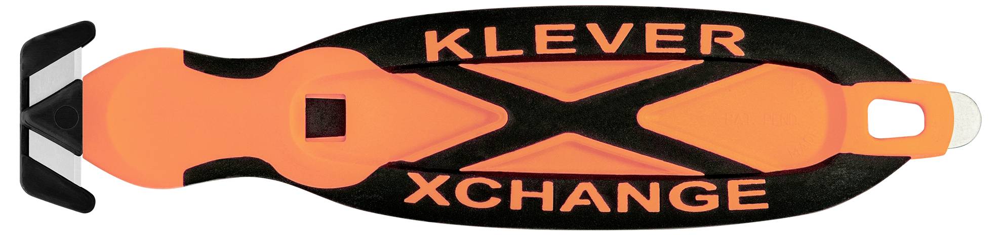 Nožnice s oranžovo-čiernou rúčkou, označené nápisom 'Klever XChange'. Špeciálny dizajn umožňujúci jednoduché vymieňanie čepelí.