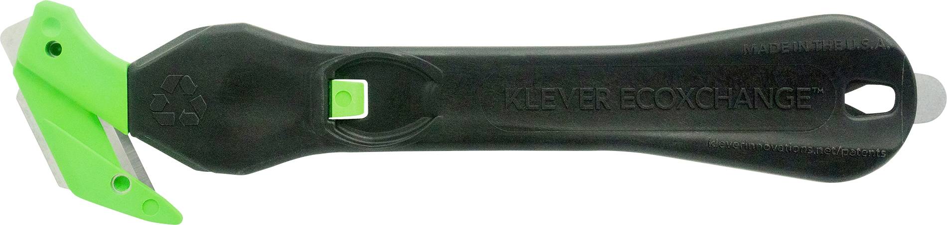 Čierny a zelený výmenník čepelí, zobrazený z boku, s nápisom 'Klever Exchange'.