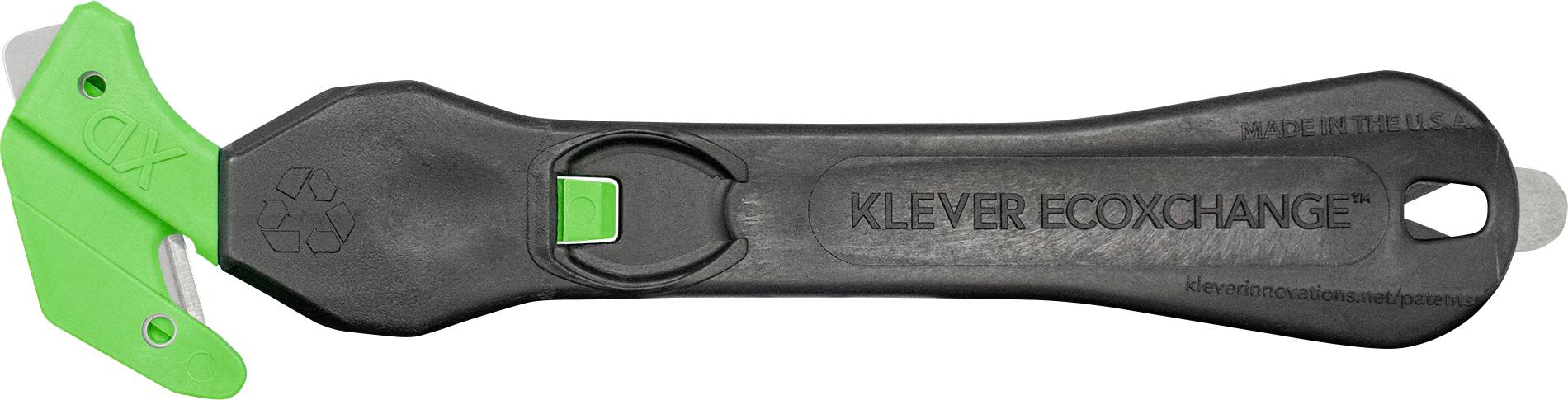 Čierne bezpečnostné rezacie náradie so zeleným krytom čepele, popísané ako 'Klever Eco XChange'. Ideálne na bezpečné rezanie krabíc a obalov.