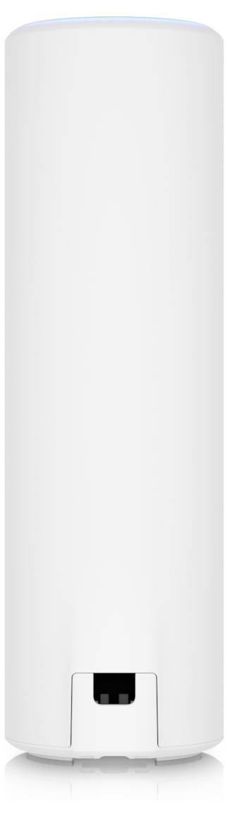 Biely, valcovitý router s jemnými modrými akcentmi v hornej časti. Router stojí vzpriamene a vyznačuje sa minimalistickým dizajnom.