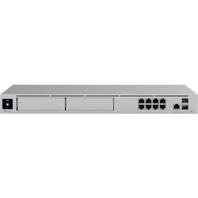 Sieťové zariadenie s dvoma pozíciami pre pevné disky vľavo a ôsmimi ethernetovými portami vpravo.