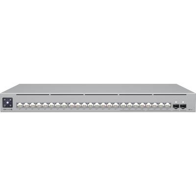 Sivý sieťový prepínač s 24 ethernetovými portami a dvoma optickými portami, vhodný pre vysokorýchlostné pripojenia v serverovni.