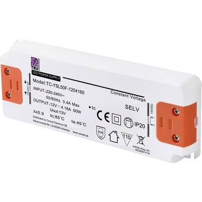 LED napájací zdroj s technickými špecifikáciami a bezpečnostnými značkami. Model: TC-YSL50F-1204160, Vstup: 220-240V, Výstup: 12V, 50W.