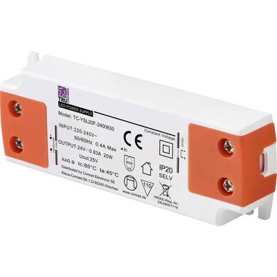 LED transformátor s oranžovými a bielymi prvkami. Nápis zobrazuje technické detaily: Vstup 220-240V, Výstup 24V, 20W, Stupeň krytia IP20.